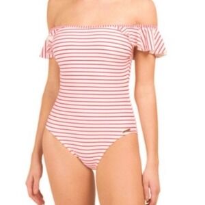 Vince Camuto Swim One Piece Swimsuit Red White Striped Ruffles Off Shoulder 12